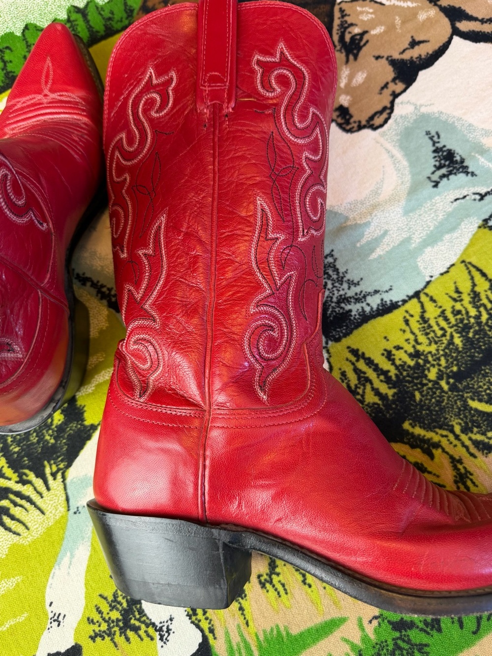 Vintage Lucchese 1883 Red Leather Cowboy Boots Snip-Toe Women's Size 8-8.5 - Picture 15 of 17